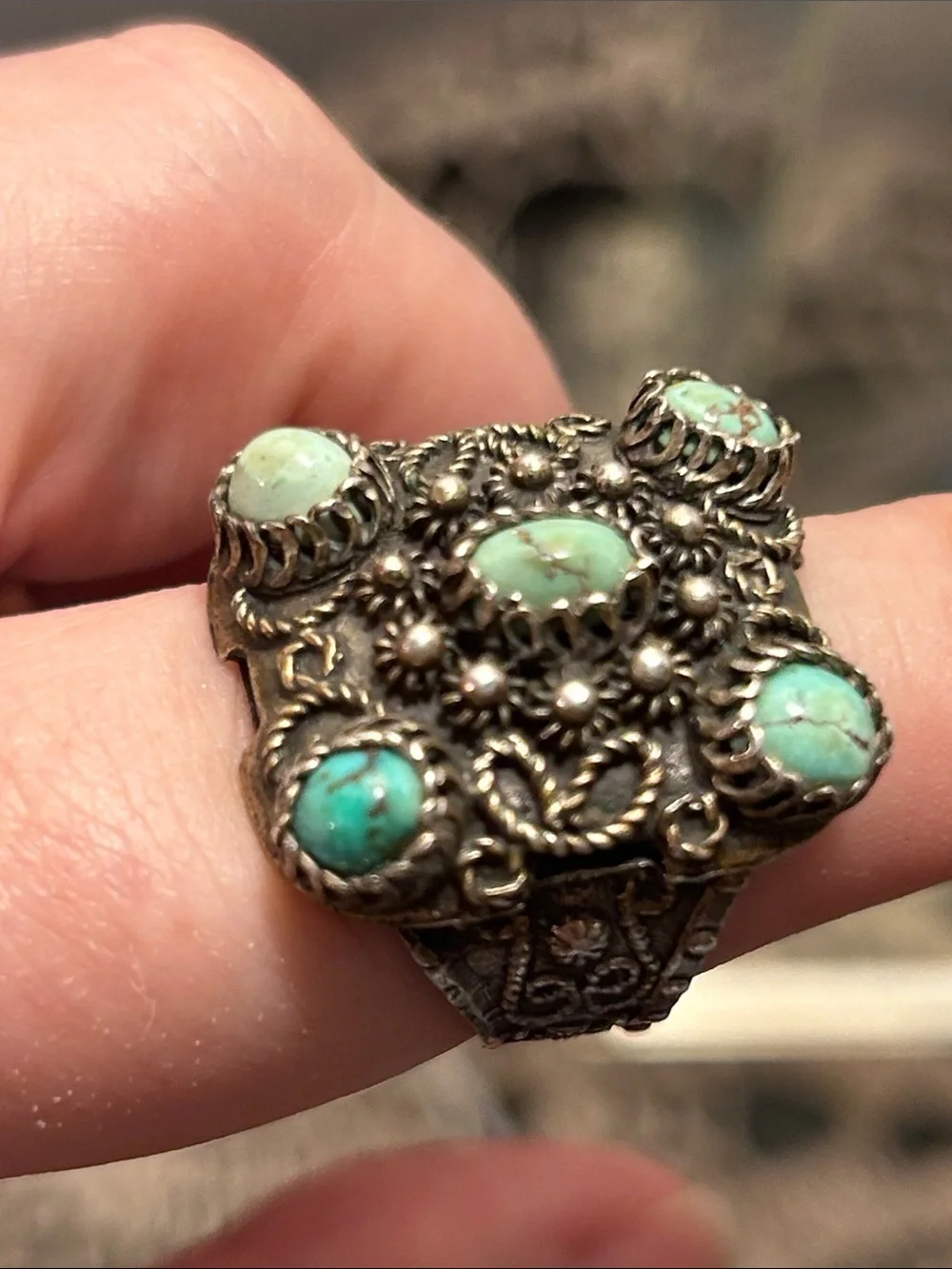 Antique Yemenite Filigree Genuine Turquoise Silver Ornate Ring